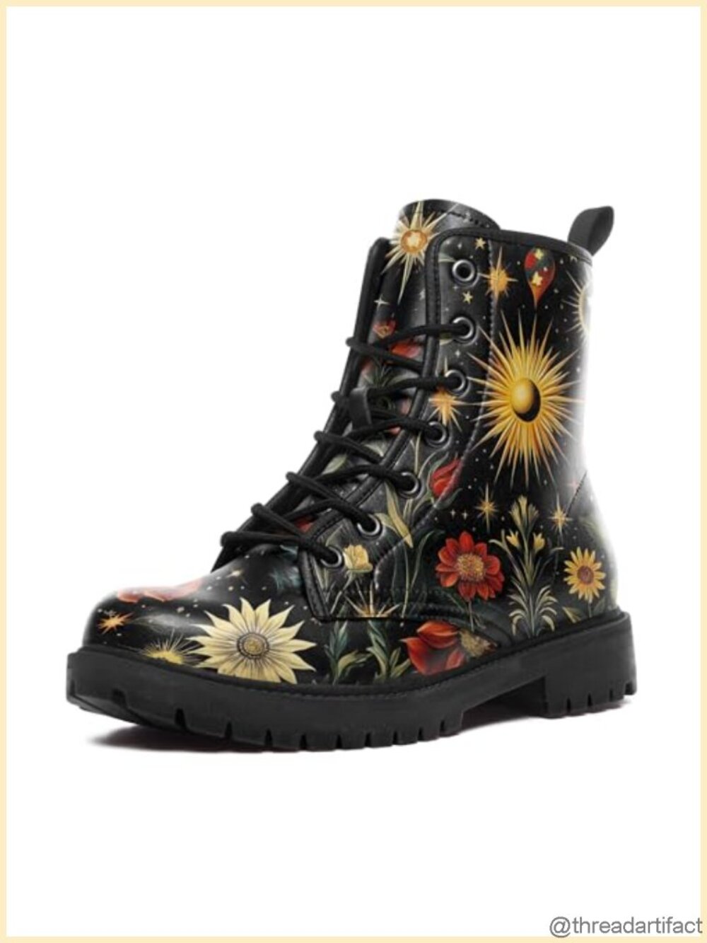 Combat Boots Mushroom Floral Chunky Heel Faux Leather Booties